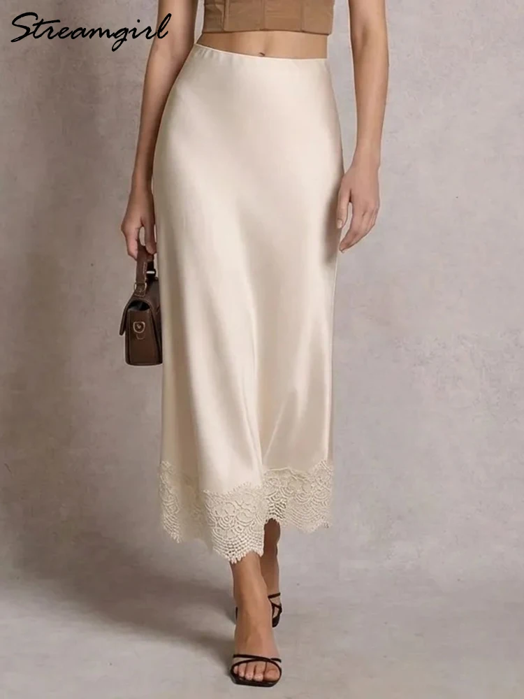 Streamgirl Summer Brown Satin Skirts For Women Long Luxury Bodycon Black Satin Silk Skirt With Lace Lady Office Maxi Skirt Lace