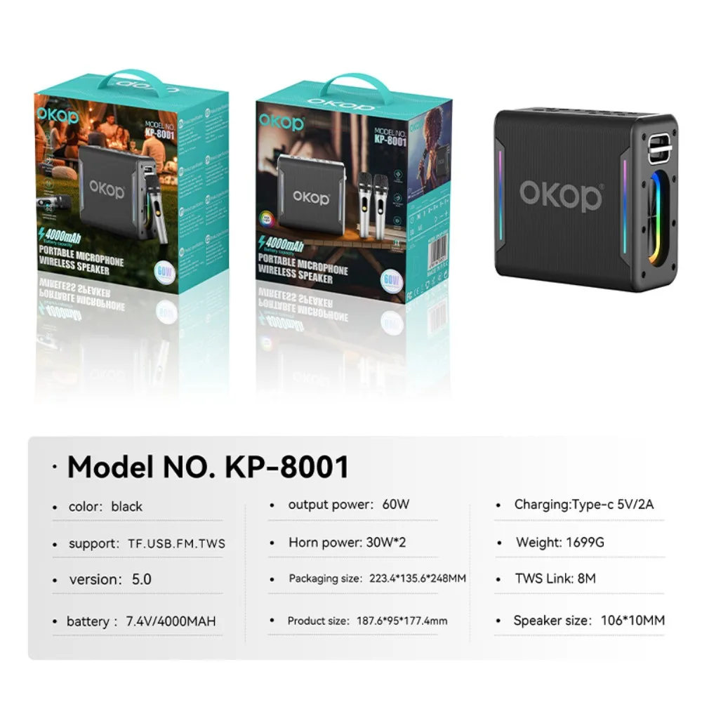 OKOP سمّاعات بلوتوث، مكبر صوت موسيقي لحفلات المهرجانات، مكبر صوت كبير الحجم خارجي، مكبر صوت محمول، ميكروفون AI مكبر صوت USB TF