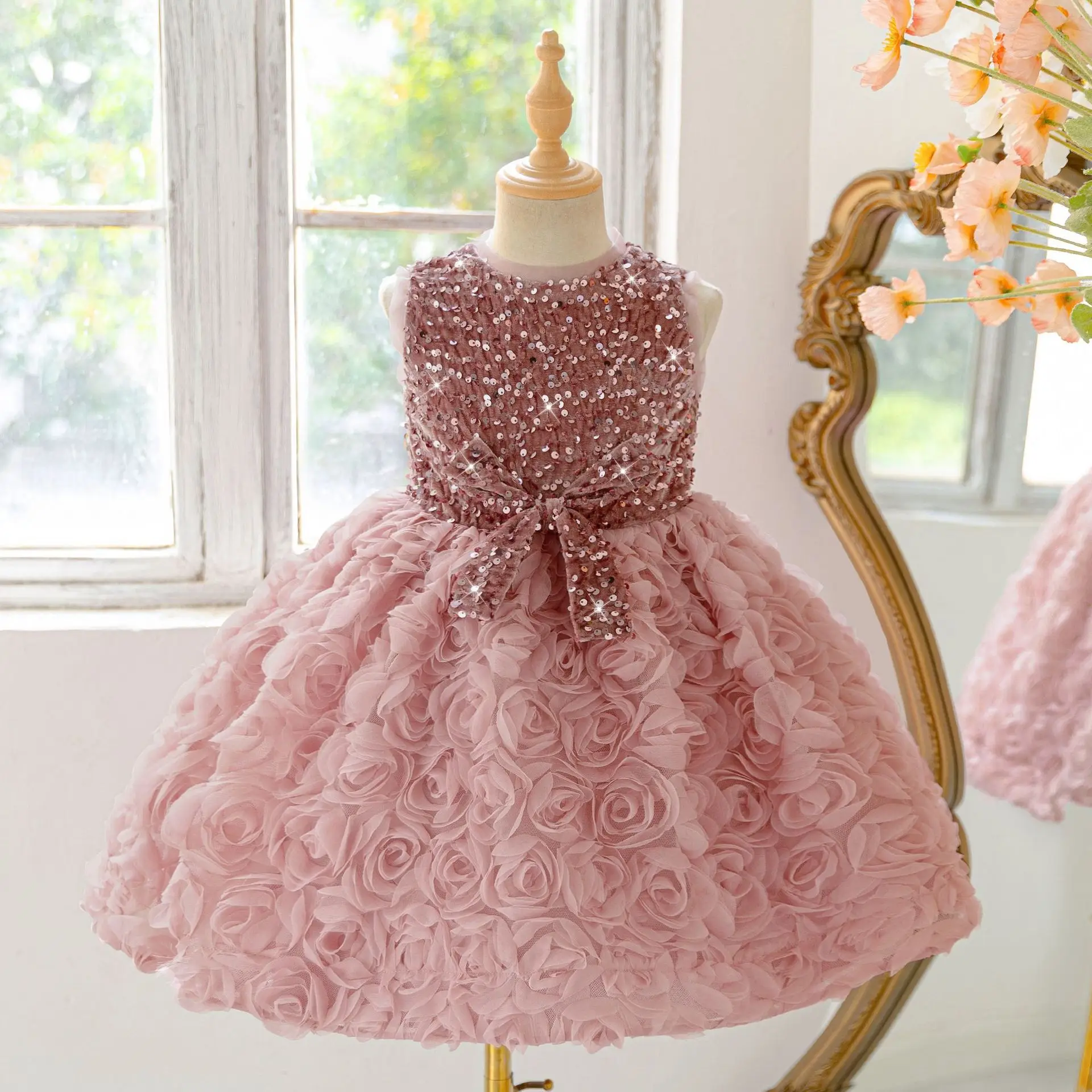 

Flower Girls Sleeveless Sequins Rose Princess Dress For Kids Wedding Birthday Party Pageant Gown Ceremony Prom Luxury Gown