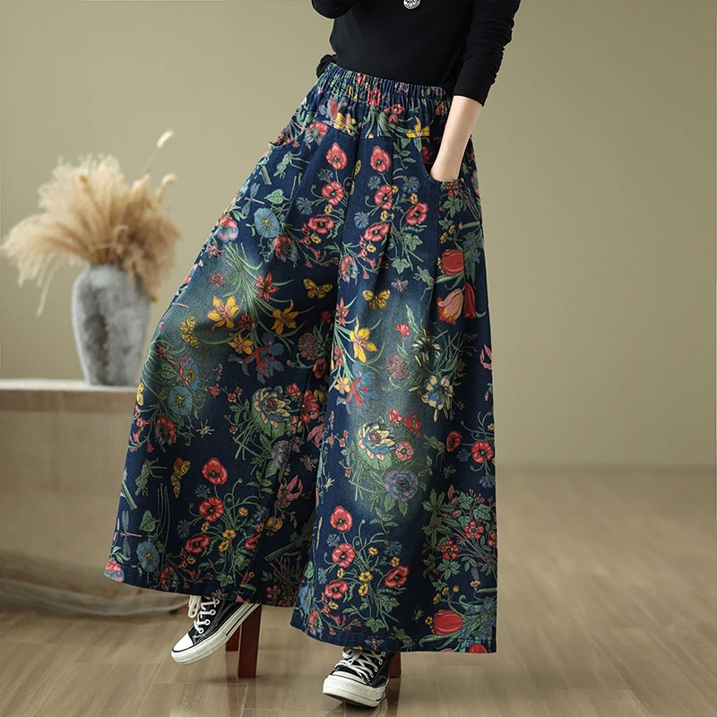 Étnico sle desbotado waed impresso jeans cintura alta perna larga casual calças compridas femininas plus size primavera outono algodão poliéster