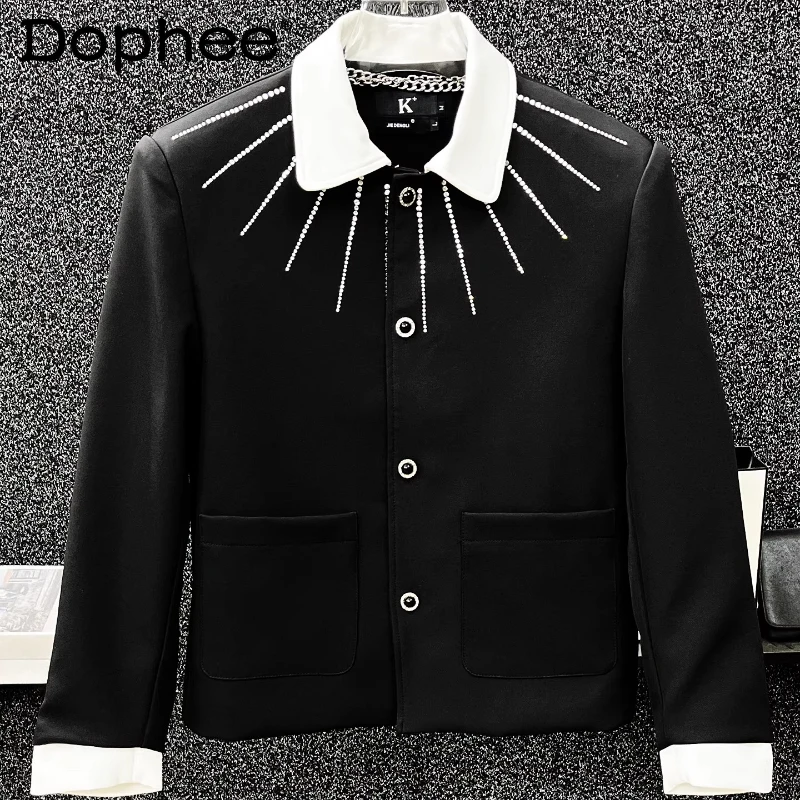 

2025 Men's Autumn New Stylish Padded Shoulder Versatile Comfort Lapel Splicing Jackets High-end Rhinestone Small Fragrant Coats