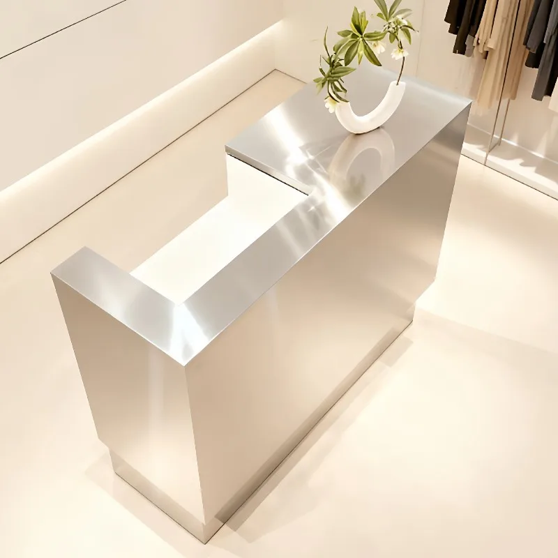 Clothing store checkout page Small store Bar table Simple modern stainless steel hairdresser counter Reception desk