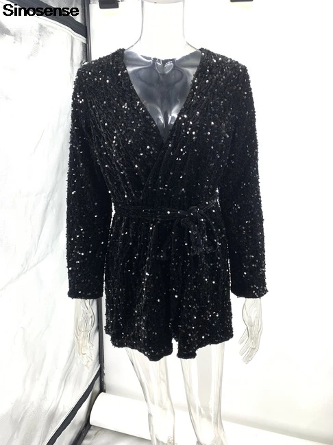 Tuta da donna con paillettes Avvolgente sexy con scollo a V Manica lunga Pantaloni corti dritti Pagliaccetti One Piece Sparkly Night Out Club Party Outfits