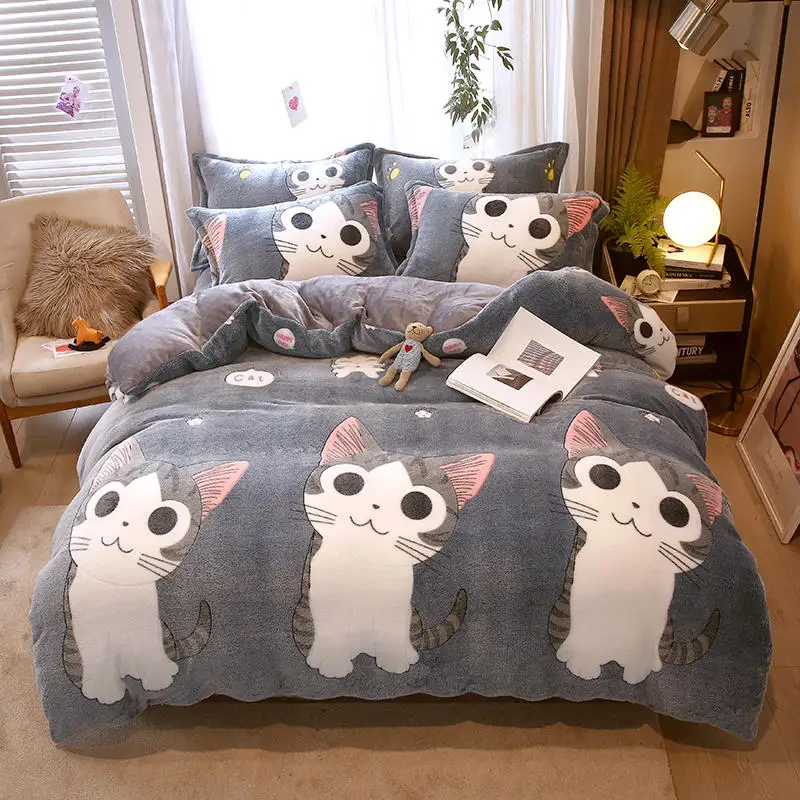 Bonenjoy 1pc Flannel Duvet Cover Cartoon Cats Quilt Cover for Kids Winter Warm housse de couette220x240cm (without pillowcase)