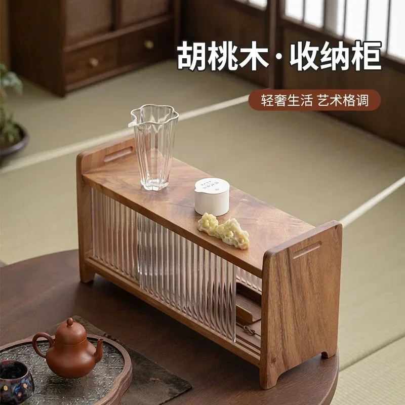 Wooden desktop storage cabinet Glass teapot Tea set Tea cup shelf Shelf Water cup storage cabinet