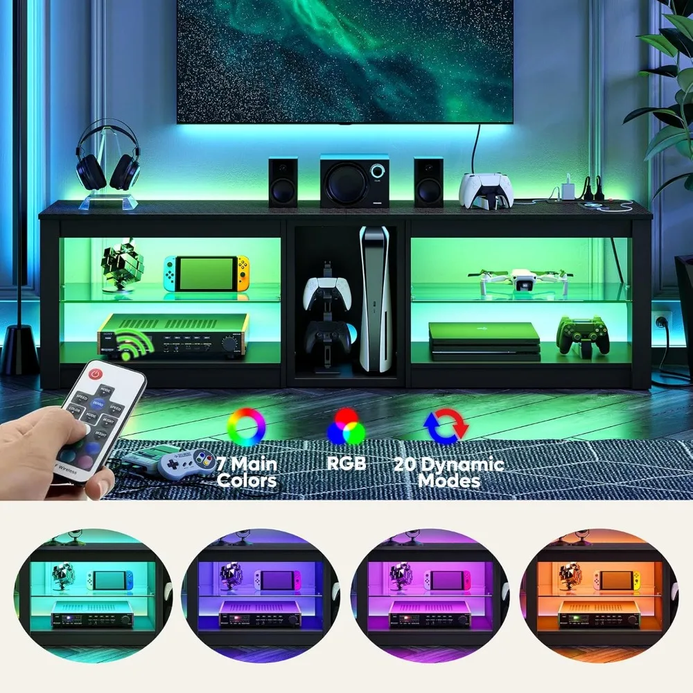 حامل تلفزيون 70 بوصة مع منافذ طاقة، مركز ترفيه LED لوحدات تحكم ألعاب PS5، حامل تلفزيون بأرفف زجاجية
