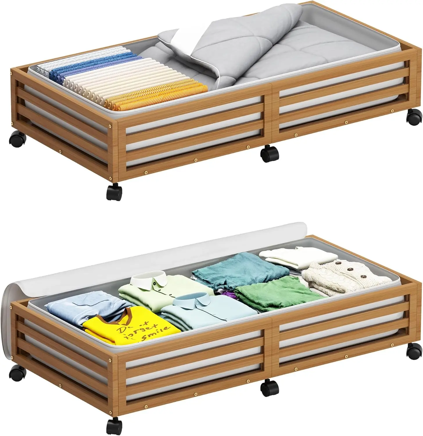 Bamboo Under Bed Storage Containers with Wheels and Dust Bags, 2 Pack, 33x16.5 inches, Sturdy Rolling Organizer for Shoes