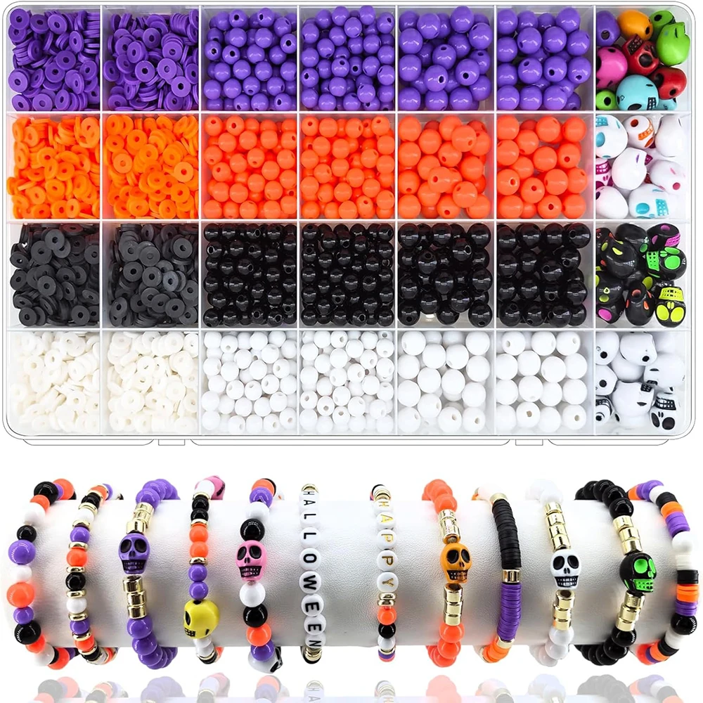 2480Pcs Halloween Beads Set Jewelry Making Bracelet Making Kit Skull Shape Polymer Clay Bead Heishi Bead Round Bead