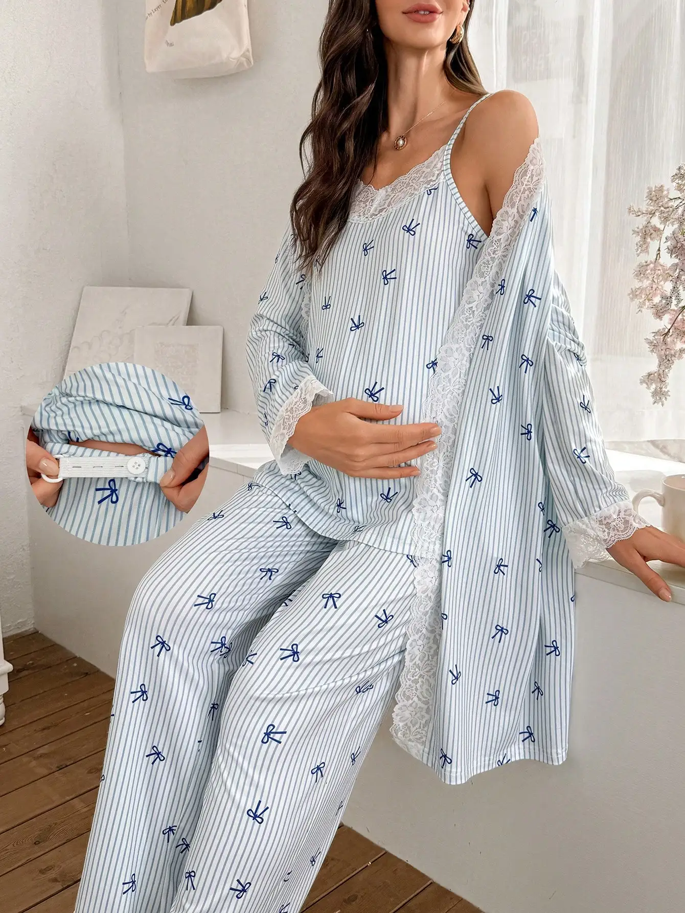 

3-Piece Striped Bow Print Lace Trim Maternity Pajama Set