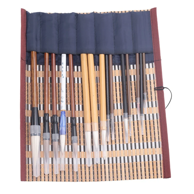 ABFM-15Pcs Chinese Writing Brushes With Roll-Up Brush Holder Watercolor Art  Ink Painting Writing