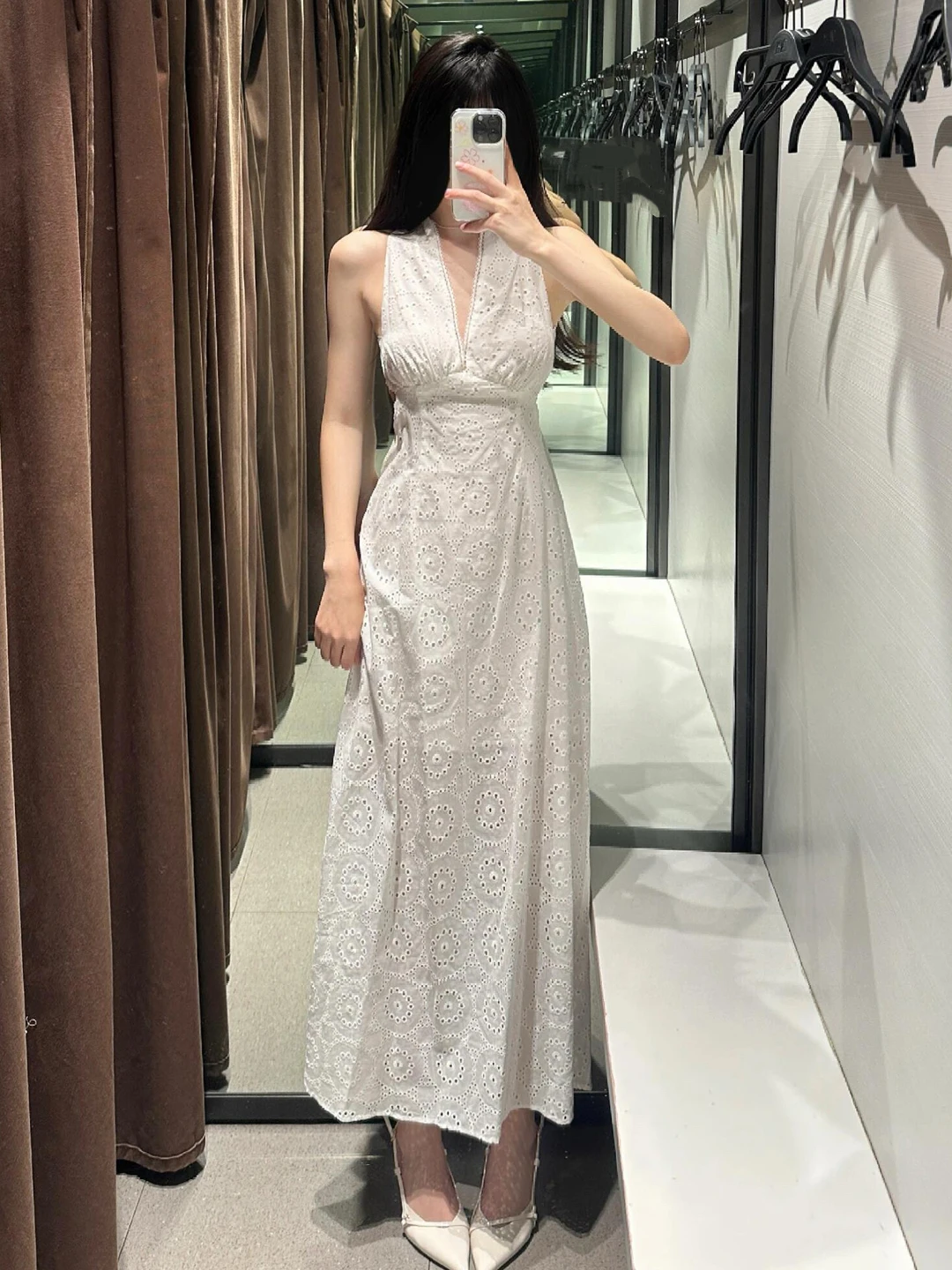 Ele White Lace Embroidery Bal Waist-Cinched V-Ne Long Dr Summer Season Svel Tourist Friendly S-ape Silh...