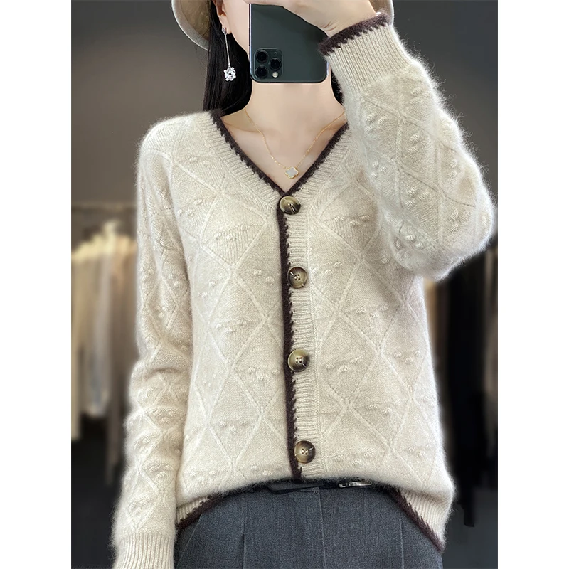 BELIARST Spring and Autumn New 100% Wool Cardigan Women\'s V-neck Jacquard Coat Casual Contrast Knitted Top Thickened Versatile