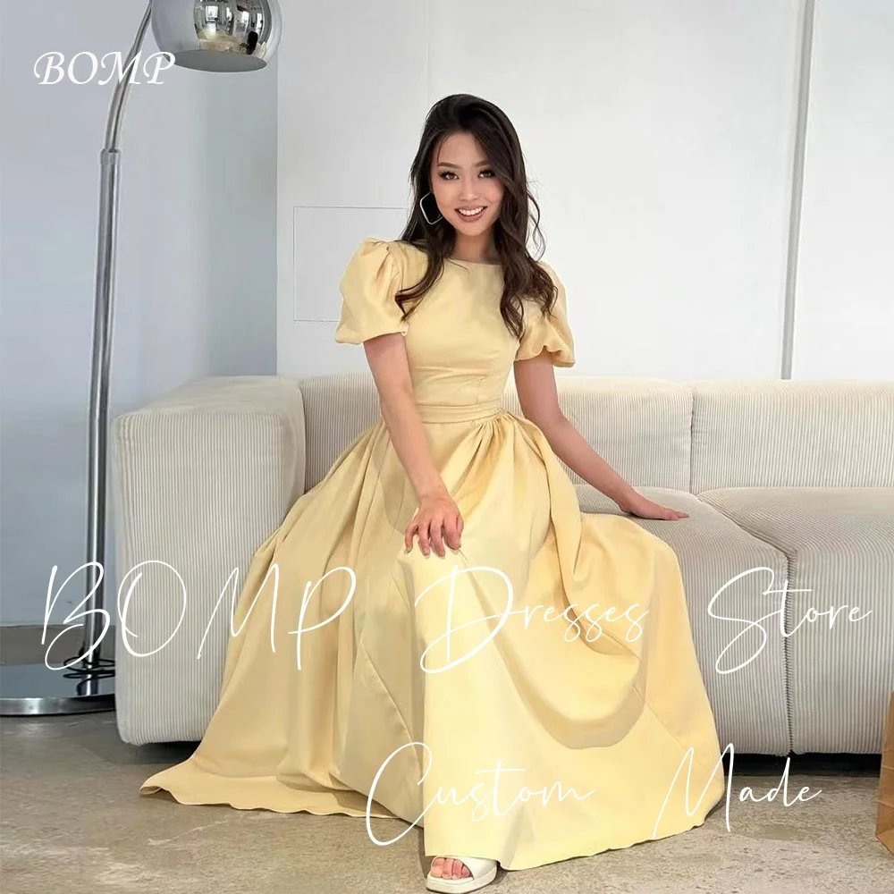 

BOMP Sweet Yellow Wedding Party Dress Puff Sleeves A-Line Draped Floor Length Satin Special Occasion Gown Customized Princess