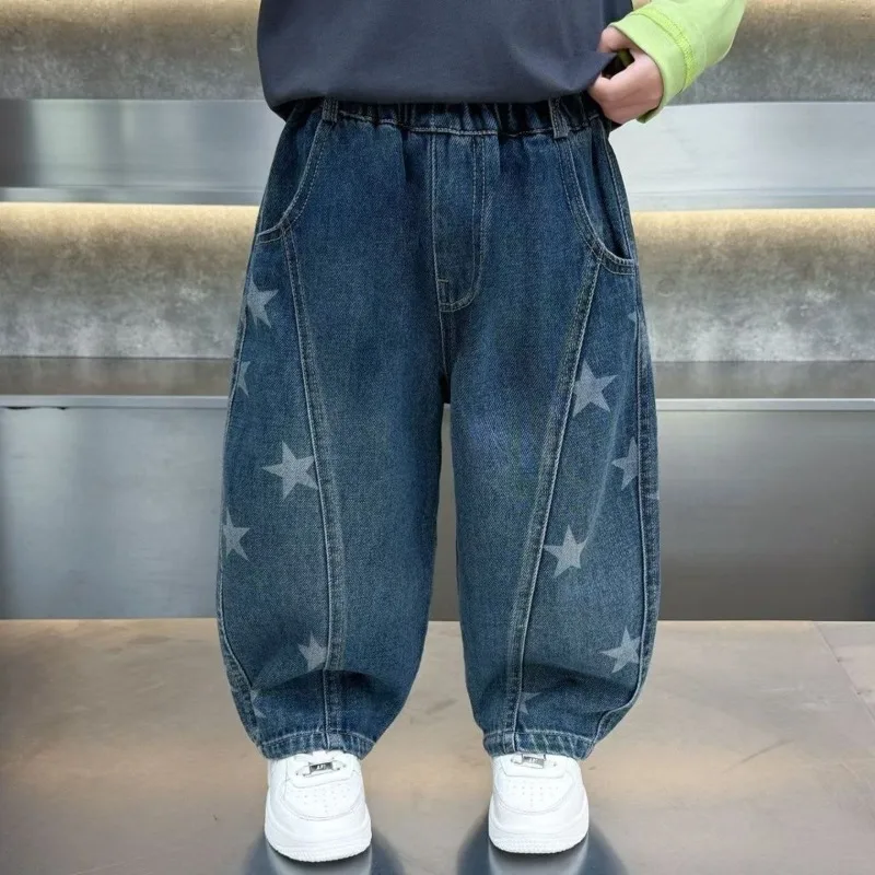 Printed Denim Jeans Boys Spring Vintage Washed Casual Pants Cool Streetwear Kids Trousers