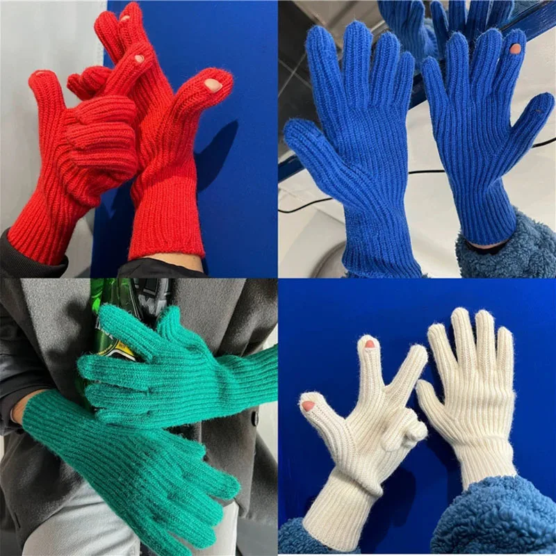 

Новые женские перчатки с сенсорным экраном, зимние утолщенные теплые вязаные эластичные перчатки, однотонные уличные пушистые рабочие перчатки с полным пальцем