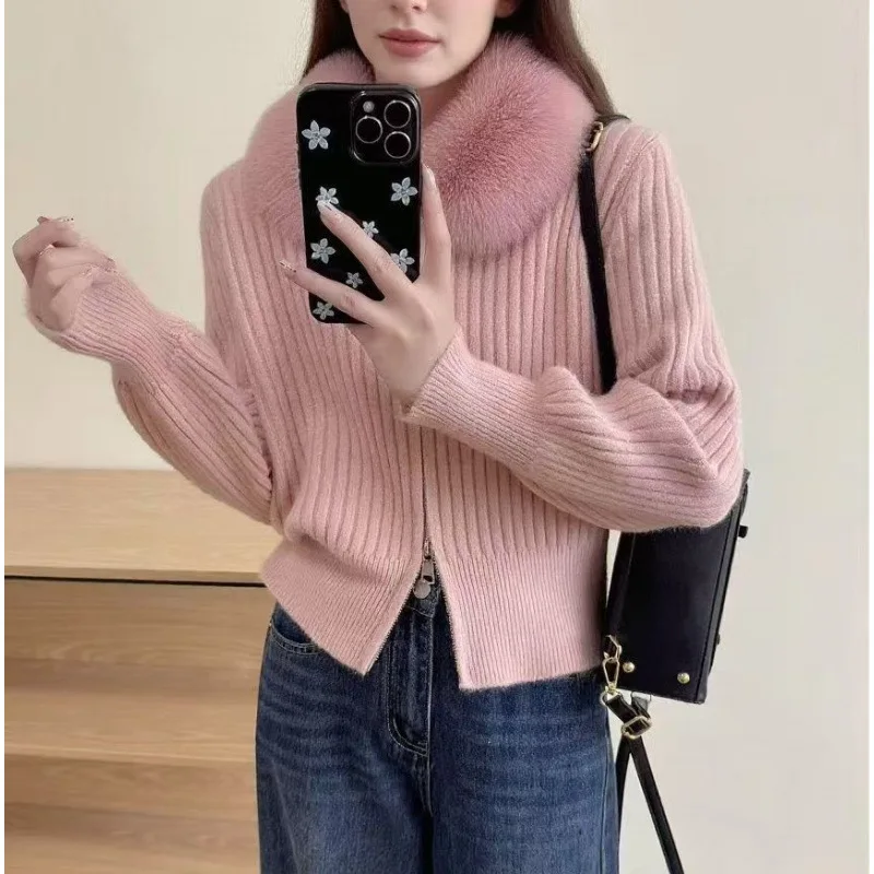 

Autumn Winter Female Zip Up Slim Korean Tops Women Fur Turn Down Collar Long Sleeve Knitted Cardigan Sweater Coats
