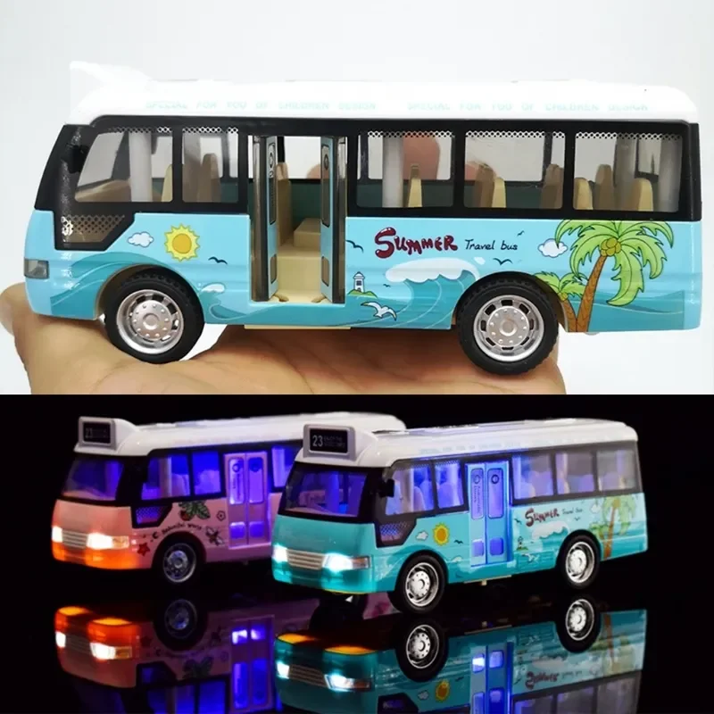 City Bus Toys Cars, Die-Cast Metal Airport Cars For Boys Girls, Pull Back Play Vehicle With Sound, Light Up & Open-able Doors