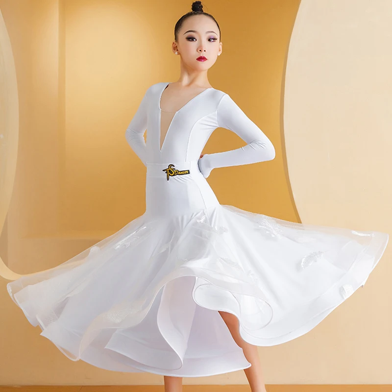 

Children'S Waltz Ballroom Dance Professional Costume Girls Long Sleeves Latin Dance Dress Kids Performance Dancing Wear SL10693