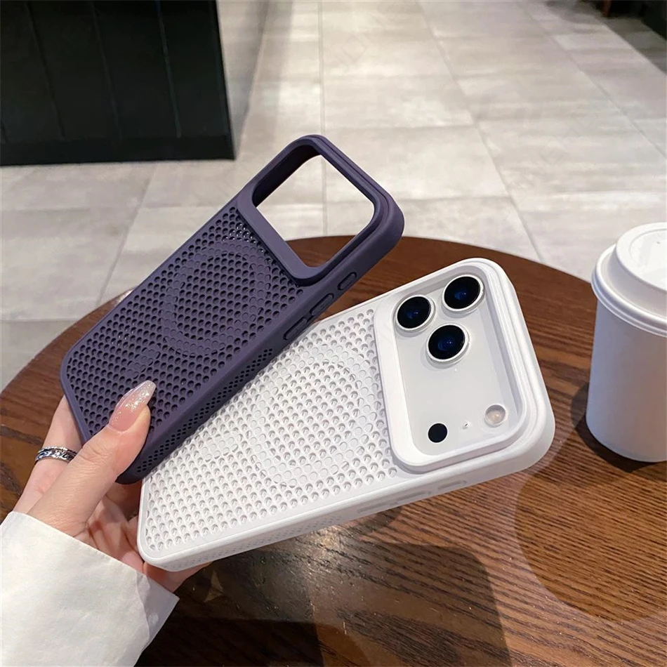 Warmteafvoer Mesh Voor Magsafe Draadloos Opladen Oranje Case Voor iPhone 17 16 15 14 Plus 13 12 Pro Max lucht Ademend Cover