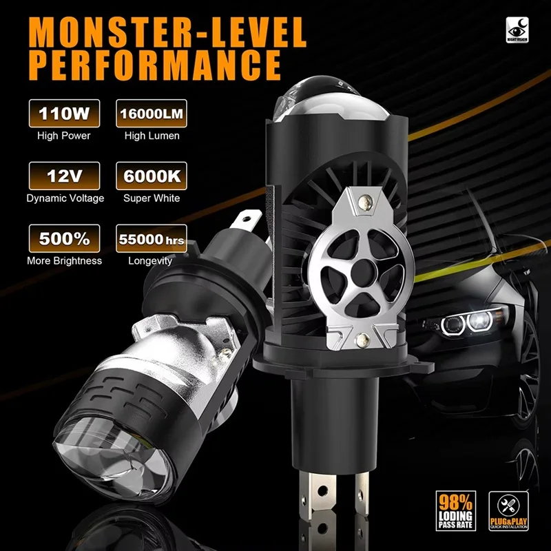 H4 Bi LED Projector Lens LED Car Headlight Bulbs 16000LM 11W Turbo Bulb H4 STG PTF Dual High Low Beam Lights Plug&Play 12V