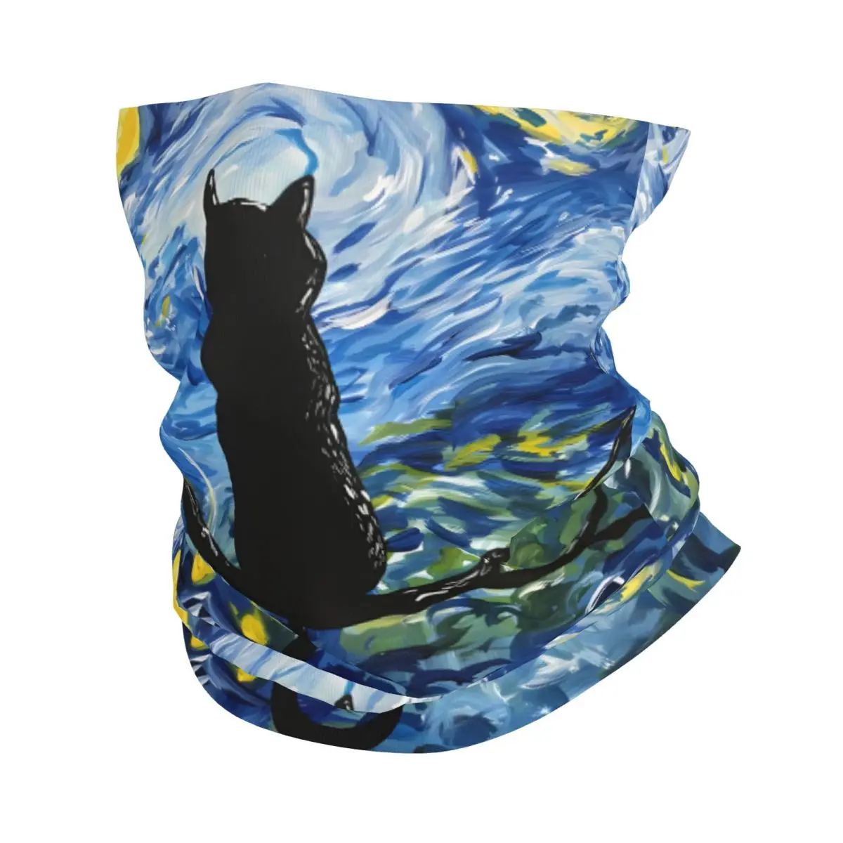 Van Gogh Starry Night Cat Scarf Neckerchief Neck Face Mask Polyester