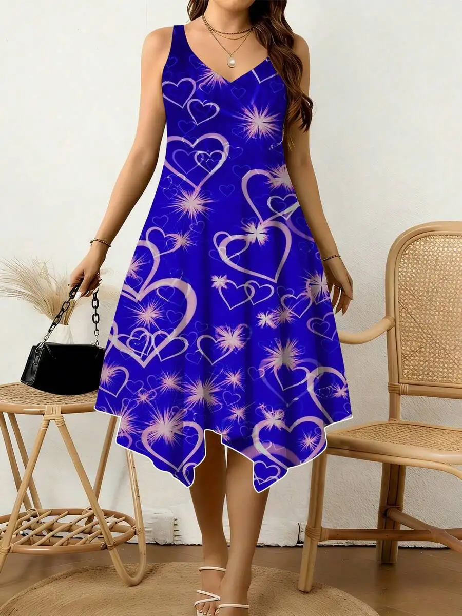 

Heart Print Women V Neck Sleeveless Asymmetrical Hem Dress Breathable Casual Vacation Wear