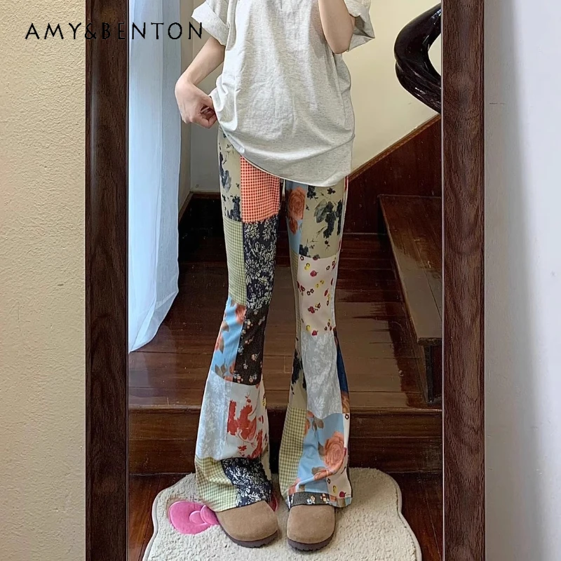 

Vintage Floral Subculture Y2K Hot Girl Women's Bell-bottoms New High Waist Slimming Slimming Slightly Elastic Long Pants Ladies