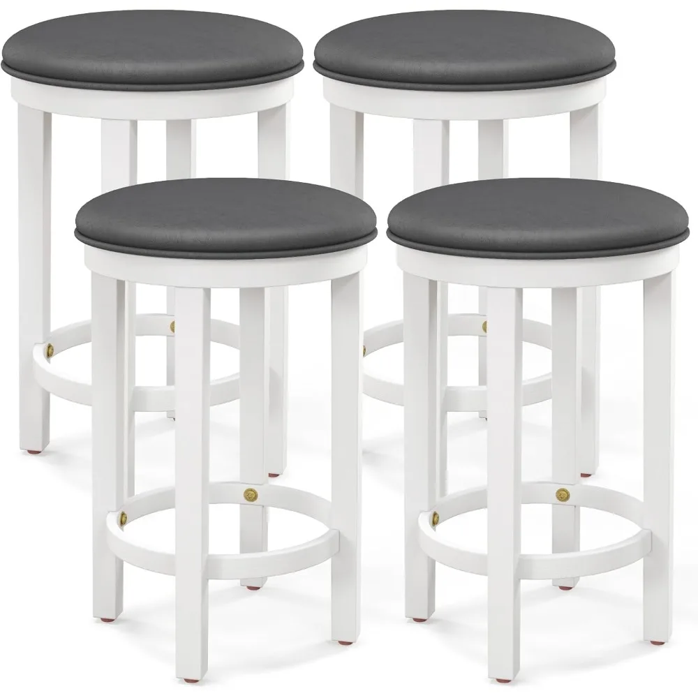 Barkrukken set van 4, 25 inch tegenhoogte krukken met ronde zitting, voetsteun, houten frame, modern kunstleer, gestoffeerd