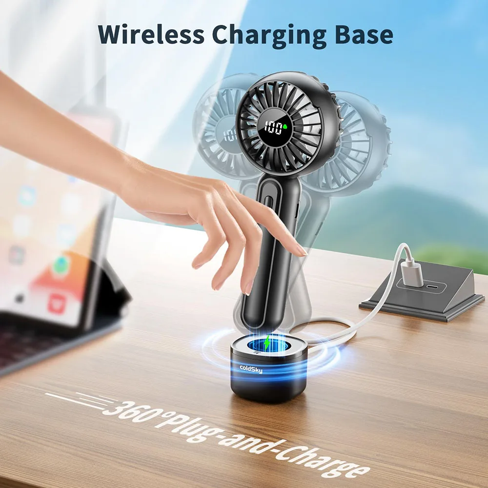 coldSky Handheld Fan with Wireless Charging Base 3 Speeds Portable Fan with Digital Display Handheld/Desk 2 in 1 Personal Fan