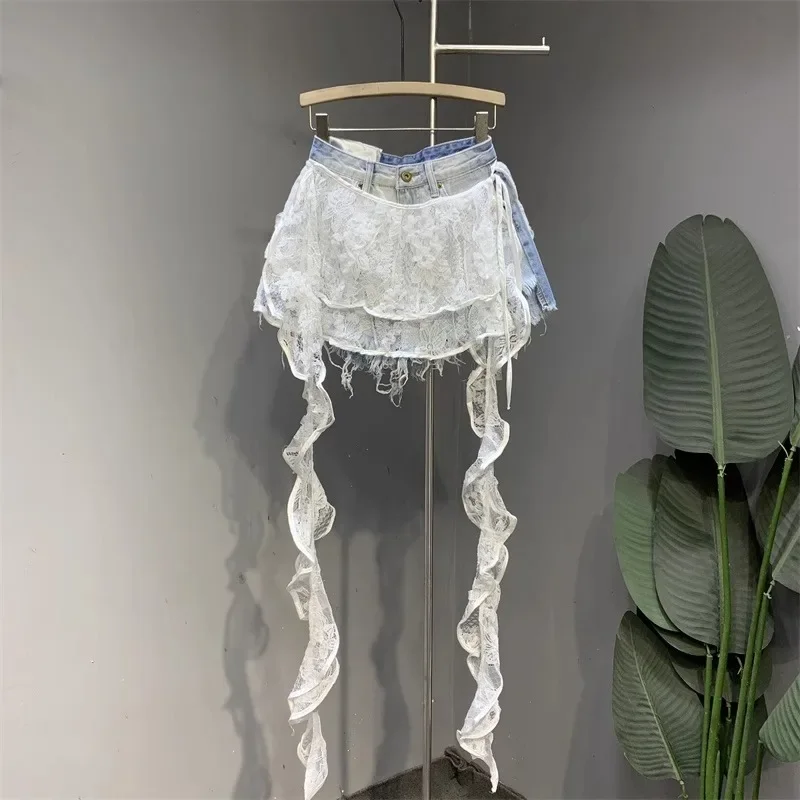 

Новые летние модные кружевные лоскутные джинсовые шорты женские элегантные расклешенные шорты с высокой талией и оборками на шнуровке с бахромой Harajuku Y2k