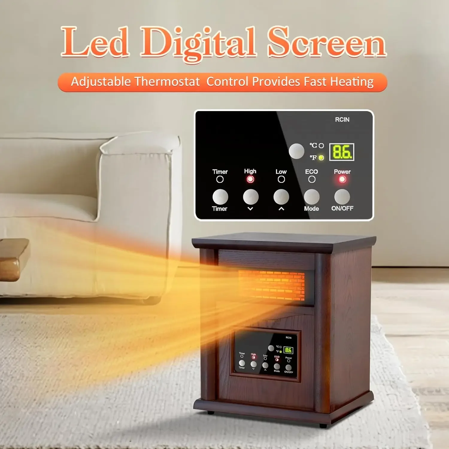 Infrared Space Heater, Quartz Heater for Indoor Use, Tip-Over & Overheat Protection with Remote Control, 3 Heat Settings, 12H Ti