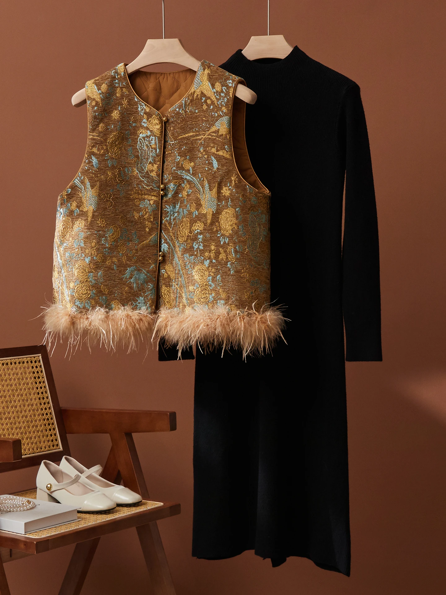 Beautiful Unique Design Knitted Dress And Vest Set Autumn Winter Chinese Style Women's Fashion Two-Piece Suit Warm Long Sleeve