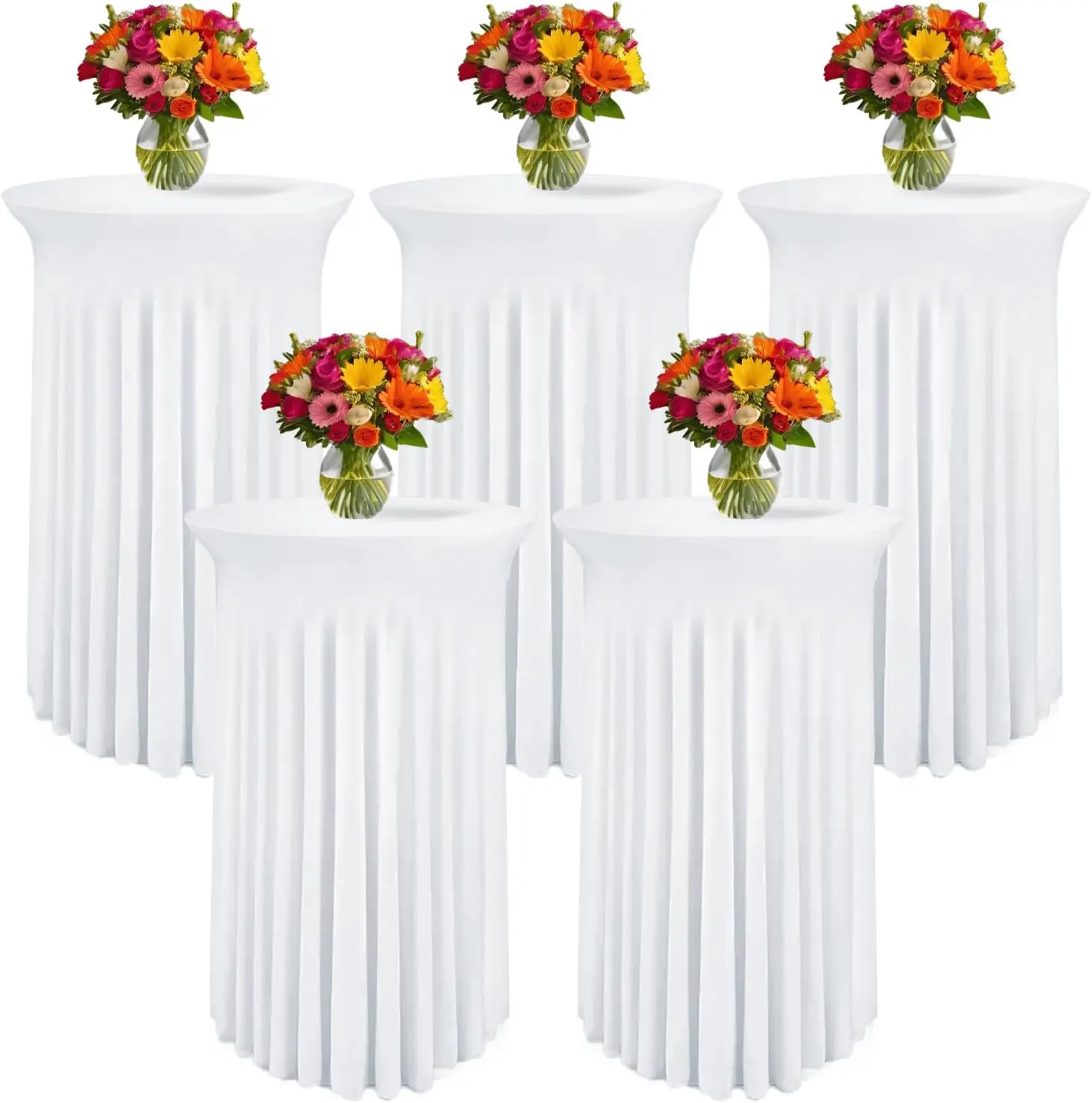 

5 Pack Round Stretch Tablecloths with Skirt for Bar, Wedding, Party - White, 32x43 Inch