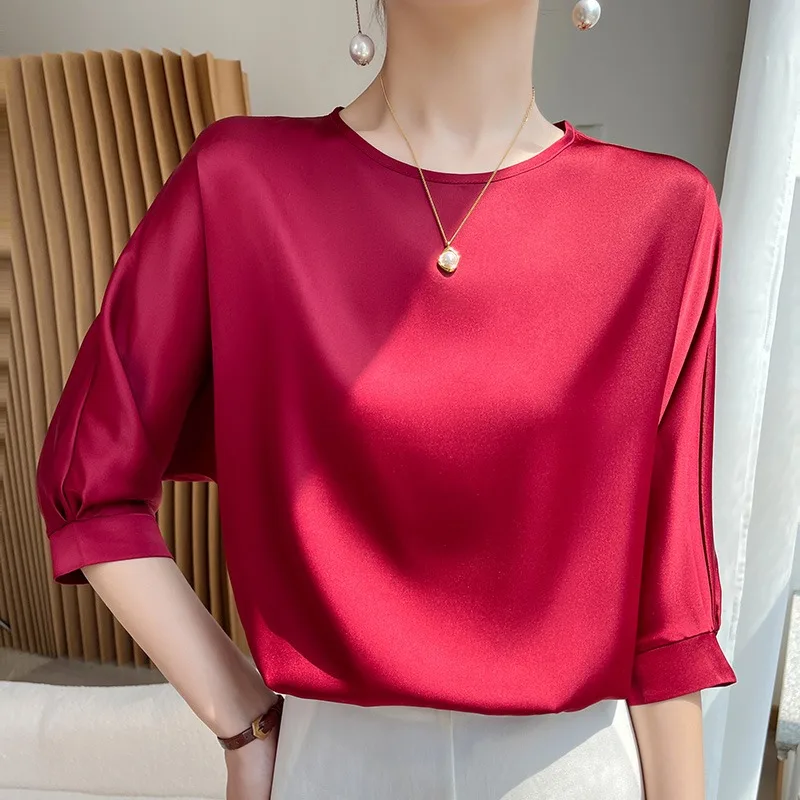 HIgh Quality Office Lady Tops Summer Half Sleeve O-Neck Satin Blouse Women Shirts Simple Solid Fake Silk Casual Loose Blusas