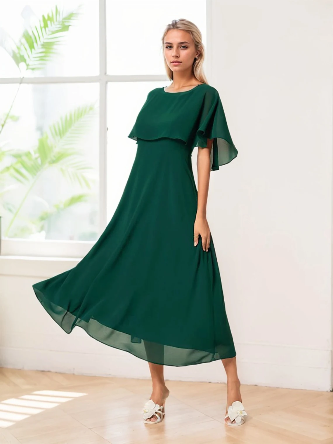 

Elegant A-Line Mother Of The Bride Dress Scoop Neck Chiffon Short Sleeves Ankle Length Wedding Guest Dress 2025 Free Customized