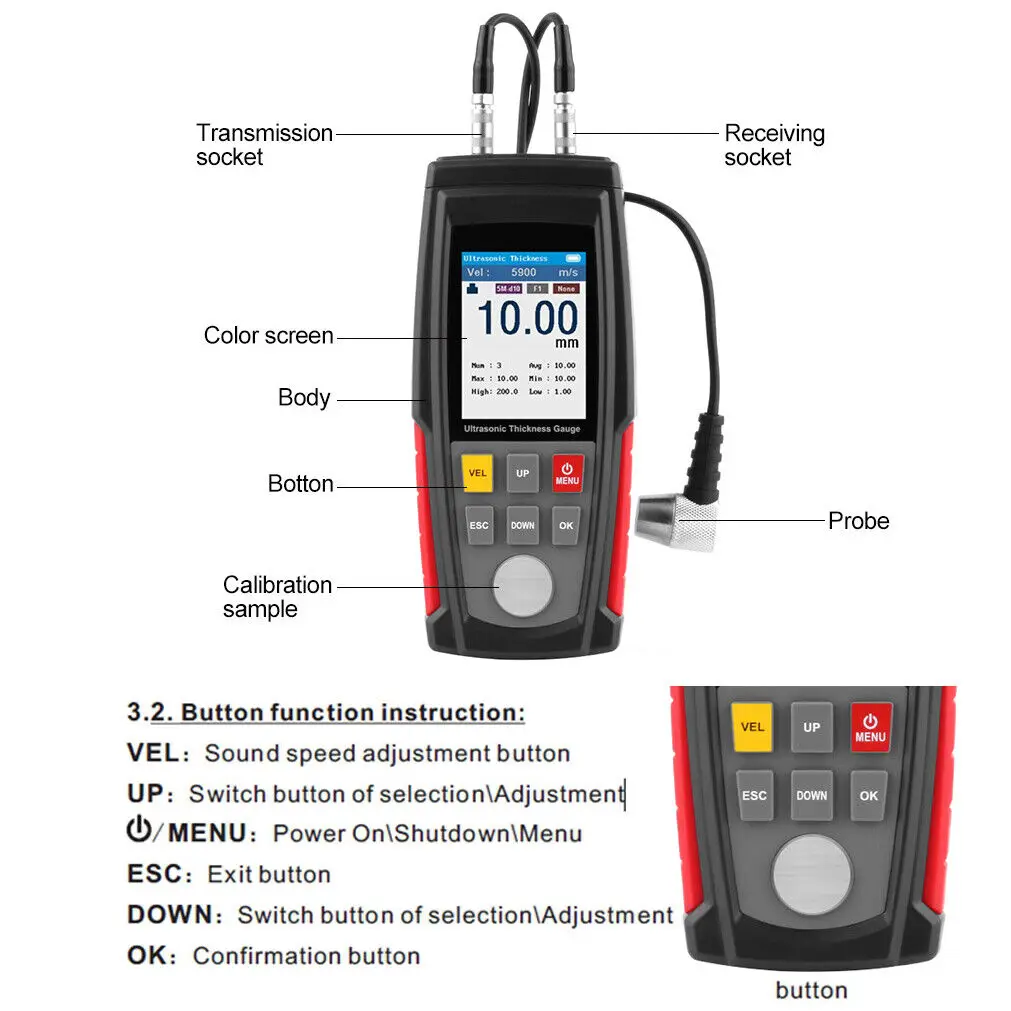 HOLDPEAK WT100A Digital Ultrasonic Thickness Gauge Meter Tester 1.0-225mm Tool for Metal Glass, with Data hold,Alarm Set