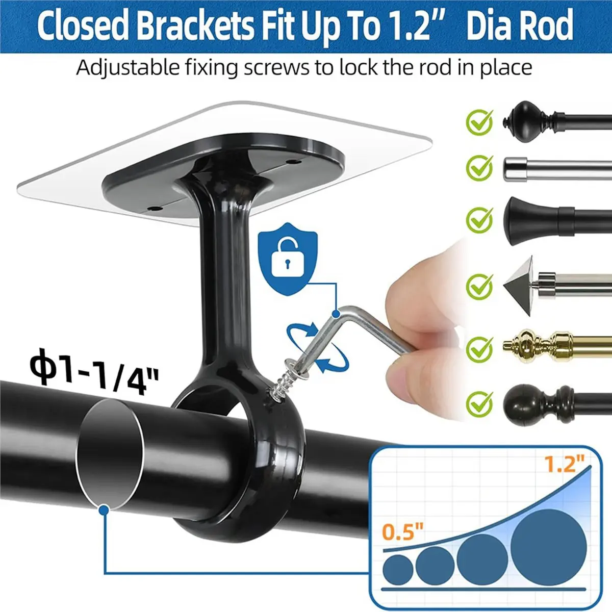 

AA91 12 Pack No Drill Ceiling Mount Rod Brackets, Heavy Duty Self Adhesive Holders, Adjustable Hooks Hanging Black