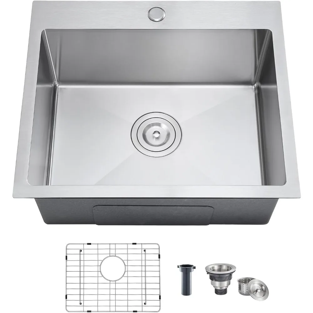

23 inch kitchen sink single bowl - drop in kitchen sink with protective bottom grid, overmount 304 stainless steel kitchen bar s