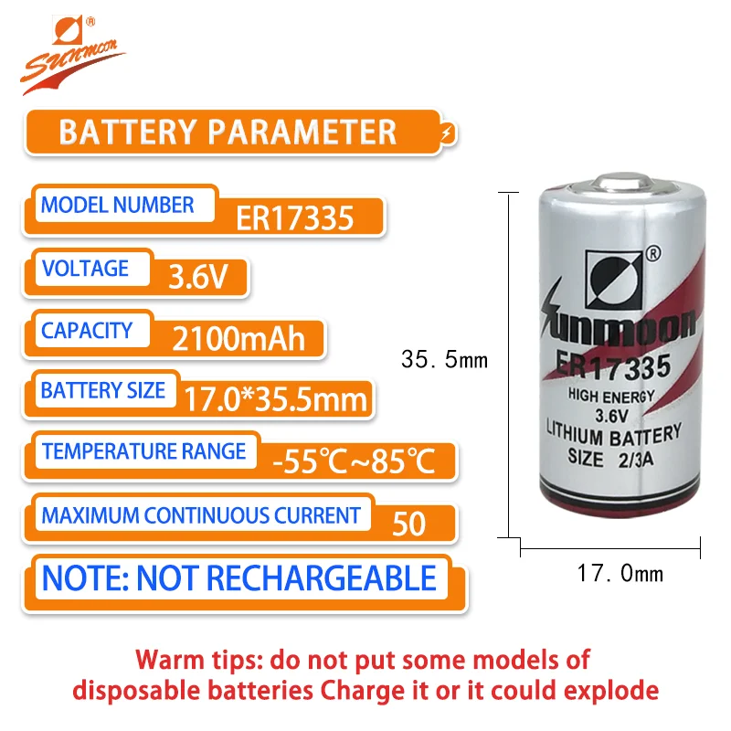 SUNMOON ER17335 Li-SOCl2 Battery 3.6V、 Robot servo drive, intelligent water meter, gas meter, detector