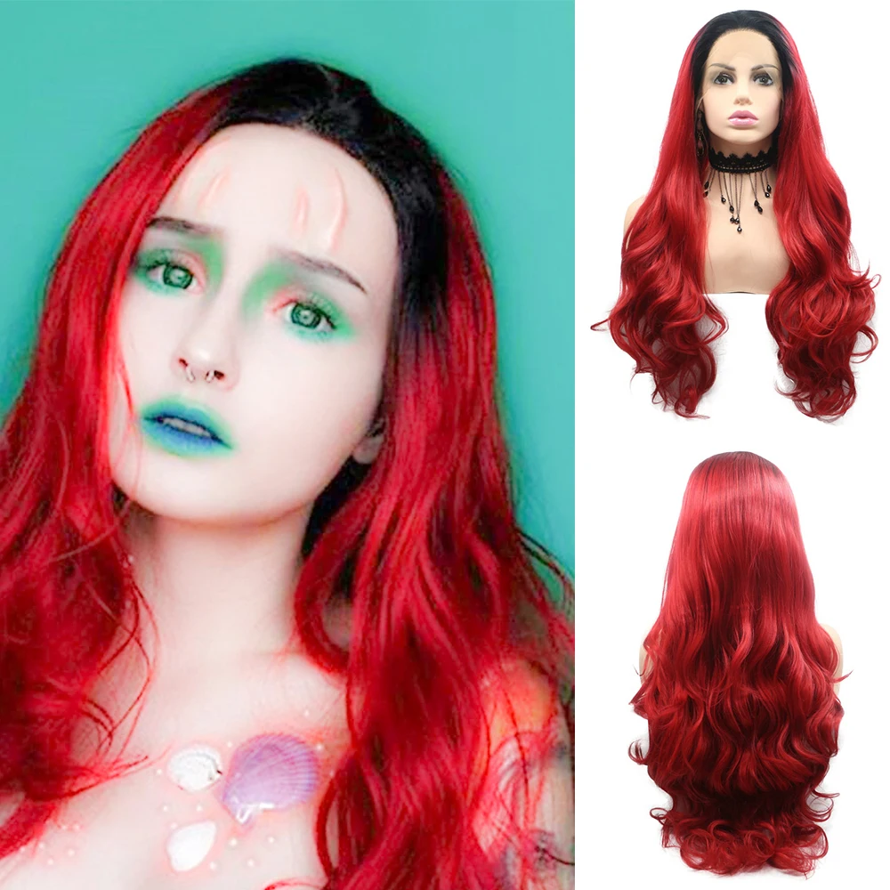 

Sylvia Synthetic Lace Front Wig Dark Roots Ombre Red Wig Long Wavy Wigs for Women Heat Resistant Fiber Natural Looking Halloween