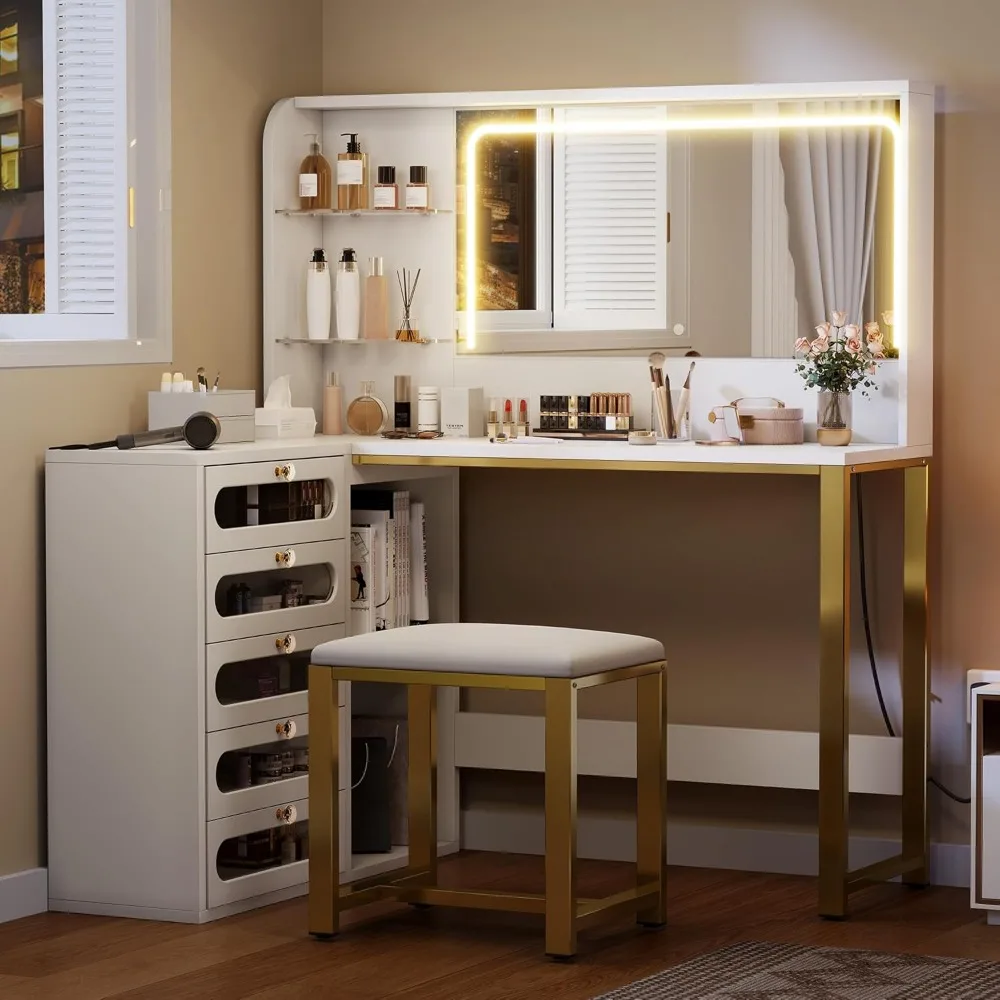 L-Shaped Vanity with Mirror and Light, 3 Lighting Modes, 48 Inch Large Vanity with Storage Function