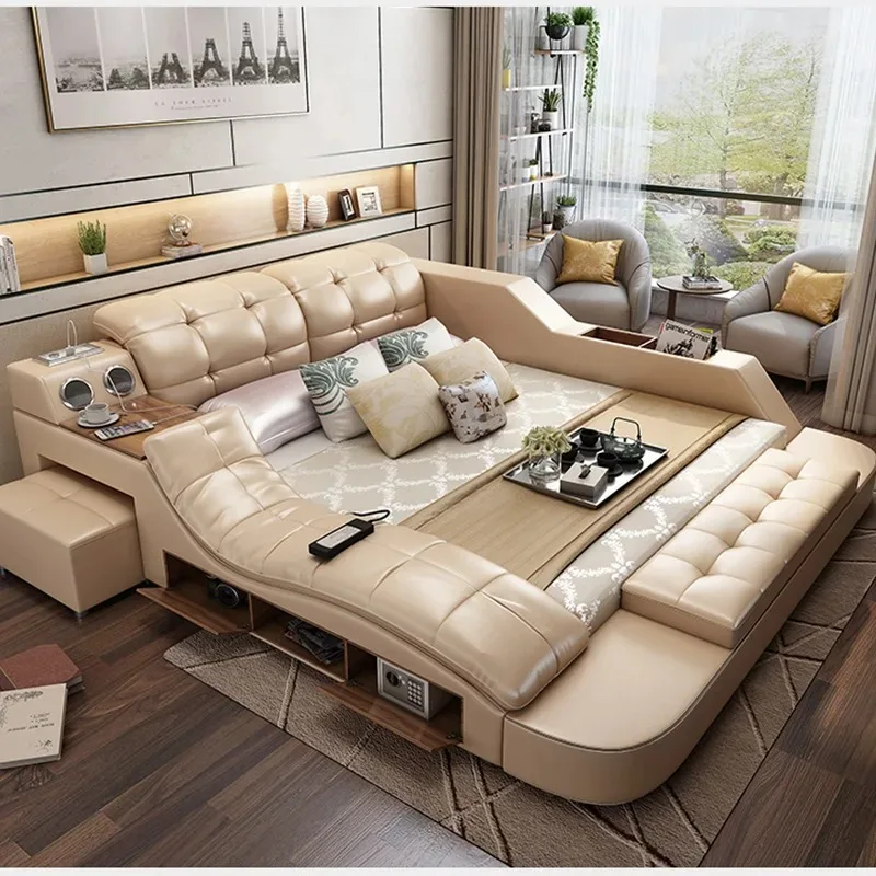 Modern Atmosphere Intelligent Multifunctional Leather Bed Bluetooth Speaker Wedding Bed Double Master Bedroom Massage