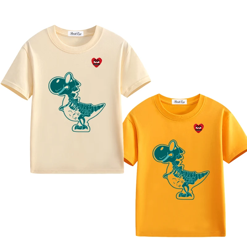 

Dinosaur Specimen Printing Boy Girl T-shirt Cotton Cartoon Snag Heart Embroidery O-neck Short-sleeved Kid Summer T-shirt