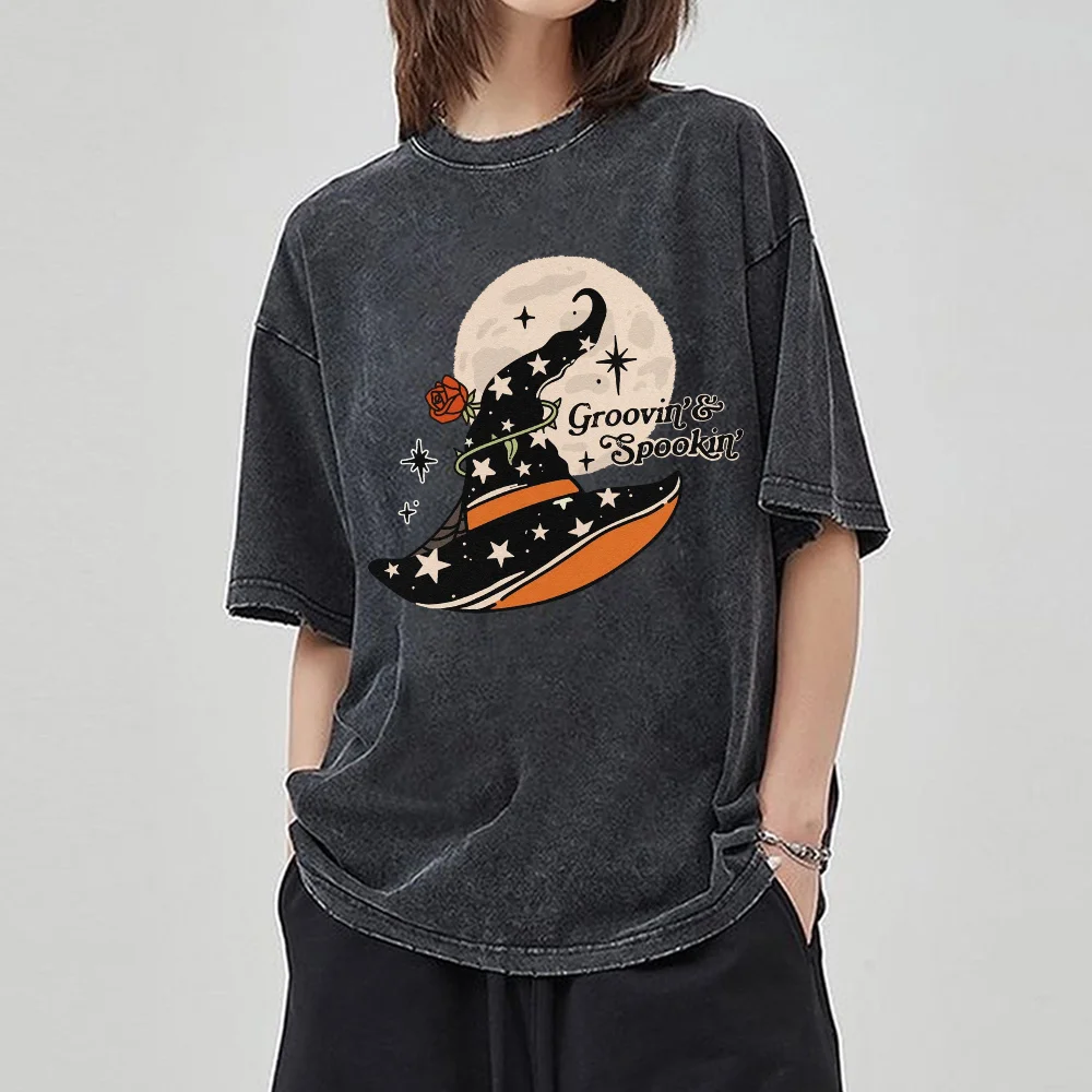 Halloween Hat Print Women's T-Shirt Washed Denim Cotton Short Sleeve Oversized Crew Neck Top For Everyday Casual Wear