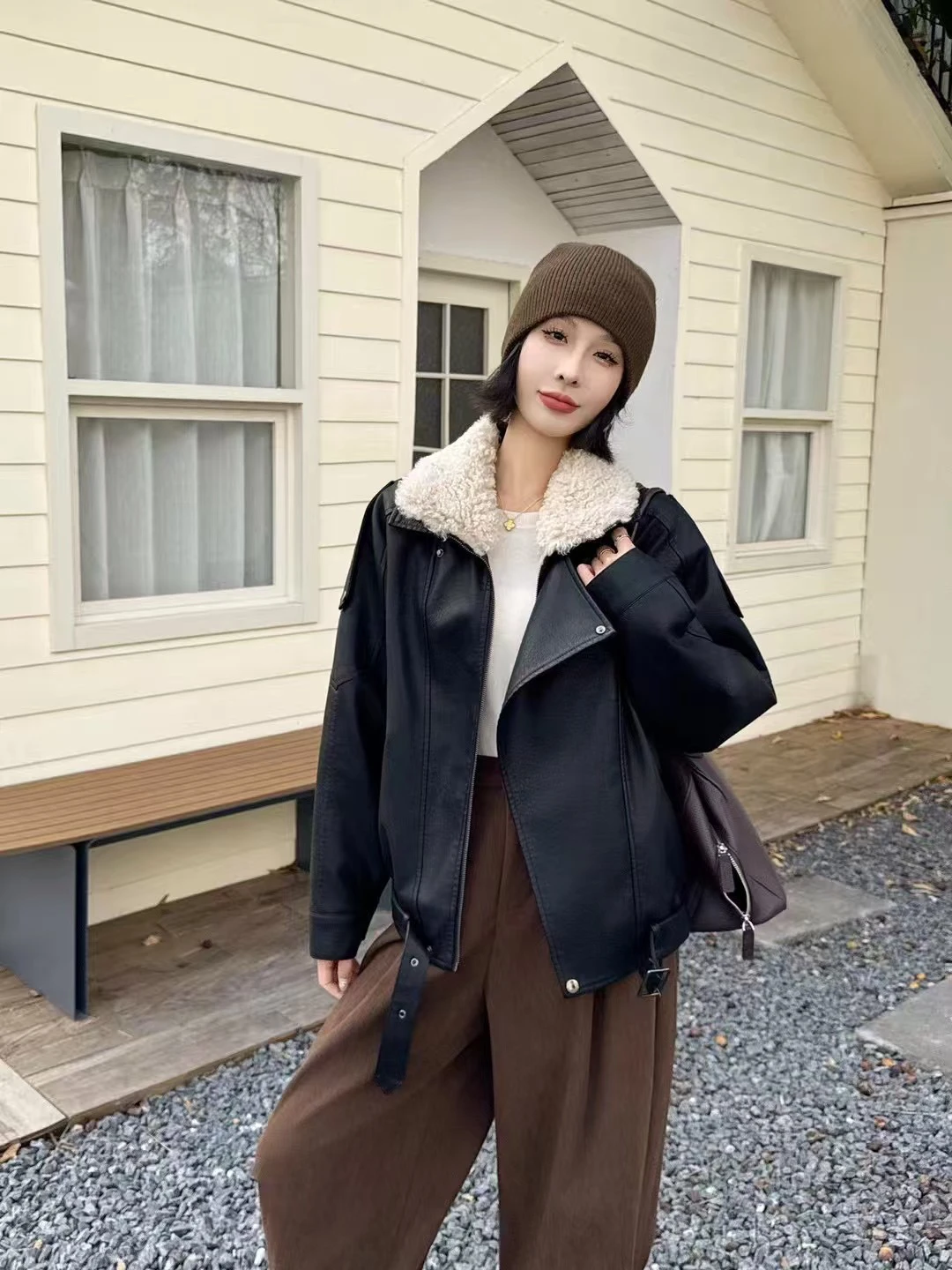 

Thiened down Protein Leather Jaet Women's Cool Lamb Fur Collar American Sle Motorcycle Loose Coat Winter Warm Outerwear