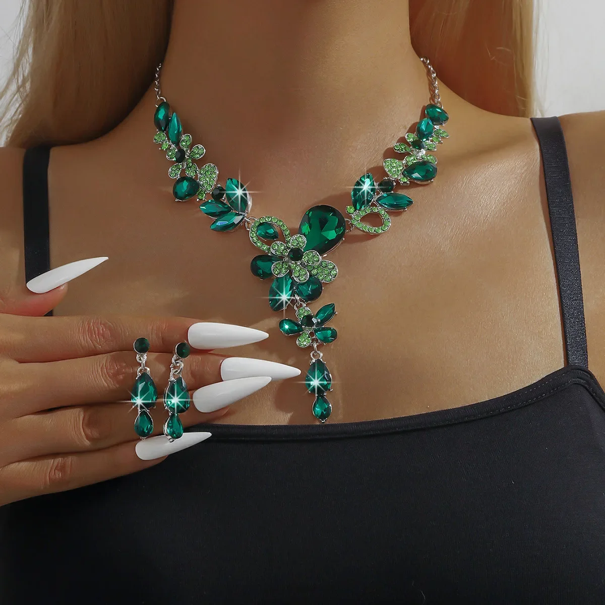 Azul elegante waterdrop strass pingente colar brincos de casamento conjunto de jóias de noiva banquete de casamento festa presente do feriado