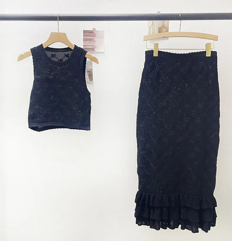 

Women's Black Knit Set O-Neck Sleeveless Vest Top or High Waist Slit Package Hip Midi Skirt Summer New