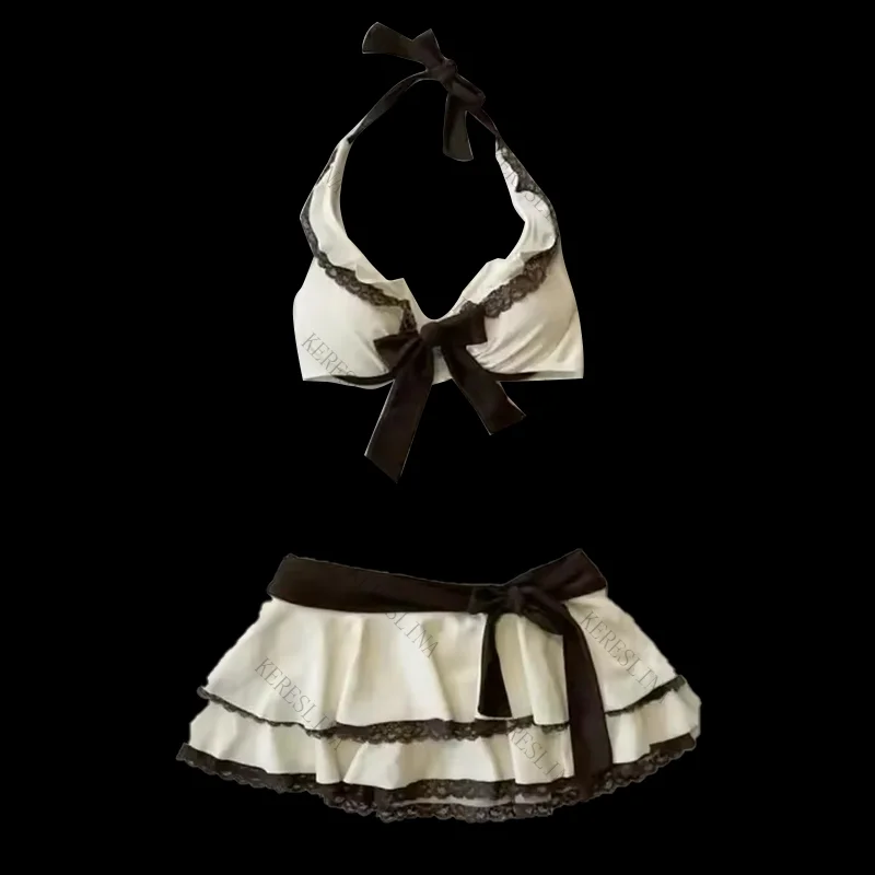 ชุดบิกินี่ผู้หญิงสไตล์ Y2K สำหรับฤดูร้อน น่ารักแบบเรโทร สตรีทแวร์ ฮาราจูกุ สวยงามสไตล์ยุค 2000 แฟชั่นลำลอง น่ารัก ผูกโบว์ กระโปรงผู้หญิงแบบใหม่