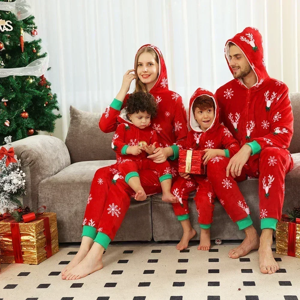 New Family Christmas Clothes Red Flannel Pajamas Warm Soft Jumpsuit Print Parent-child Matching Outfits Hooded Romper Xmas Look image 2