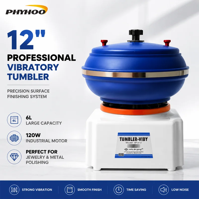 PHYHOO 12 Inch Vibratory Tumbler 6L 120W Professional Jewelry Polishing Machine 3D Vibrating Metal Deburring Benchtop Rock Bowl